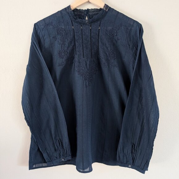 Abercrombie & Fitch Navy Blue Romantic Bohemian Embroidered Long Sleeve Top XL - Picture 1 of 7